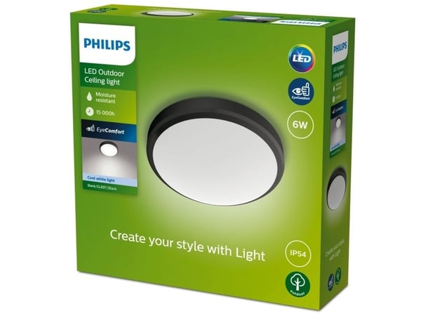Philips Doris-taklampe, 6 W, Svart, Metall, Plast, IP54, Terrasse, Hage, I, Tidsriktig