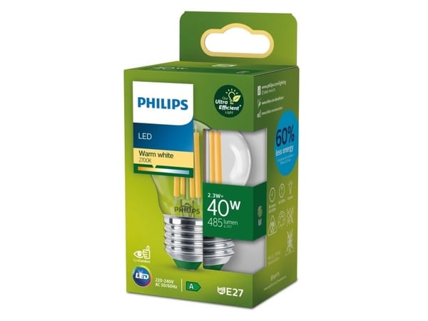 Philips - LED-filamentlyspære - form: P45 - klar finish - E27 - 2.3 W (ekvivalent 40 W) - klasse A - varmt hvitt lys - 2700 K