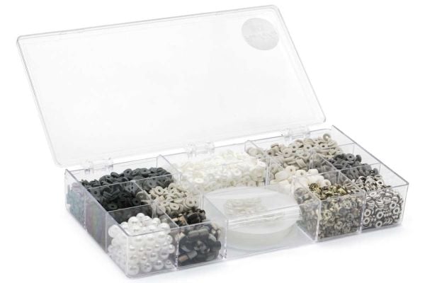 Heishi Fimo helmisekoitus elastisella narulla musta/harmaa/valkoinen Heishi Fimo helmisekoitus elastisella narulla musta/harmaa/valkoinen