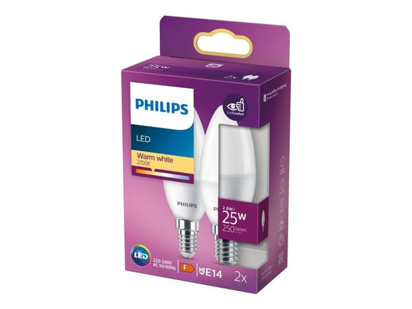 Philips - LED-glödlampa - form: B35 - glaserad finish - E14 - 2.8 W (motsvarande 25 W) - klass F - varmt vitt ljus - 2700 K (paket om 2)
