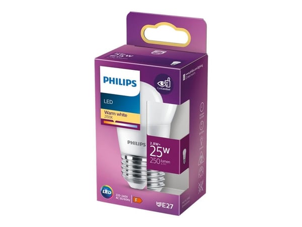 Philips - LED-glödlampa - form: P45 - glaserad finish - E27 - 2.8 W (motsvarande 25 W) - klass F - varmt vitt ljus - 2700 K