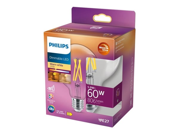 Philips - LED-filamentlyspære - form: G93 - klar finish - E27 - 5.9 W (ekvivalent 60 W) - varmt hvitt lys - 2700 K