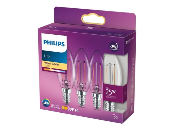 Philips - LED-filamentlyspære - form: B35 - klar finish - E14 - 2 W (ekvivalent 25 W) - klasse E - varmt hvitt lys - 2700 K (en pakke 3)