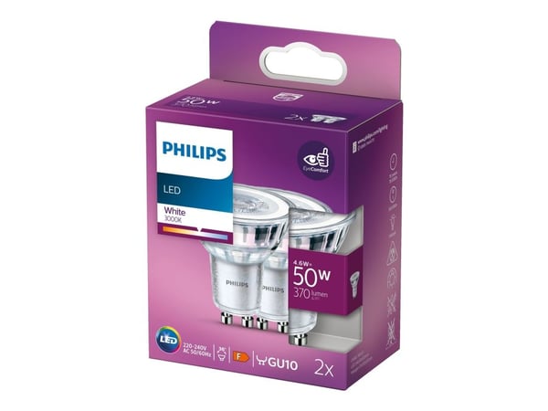 Philips - LED-pære for søkelys - GU10 - 4.6 W (ekvivalent 50 W) - klasse F - hvitt lys - 3000 K (en pakke 2)