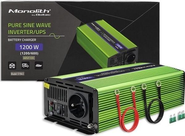 Qoltec Monolith - DC/AC tehomuunnin/akkulaturi/UPS - puhdas siniaalto - AC 230 V / DC 12 V - 600 Watt - lähtöliitännät: 3 kpl