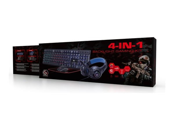 Gembird GMB Gaming Ghost GGS-UMGL4-02 - Sett med tastatur, mus, hodetelefon og musepute - bakgrunnsbelyst - USB - USA - fargeboks