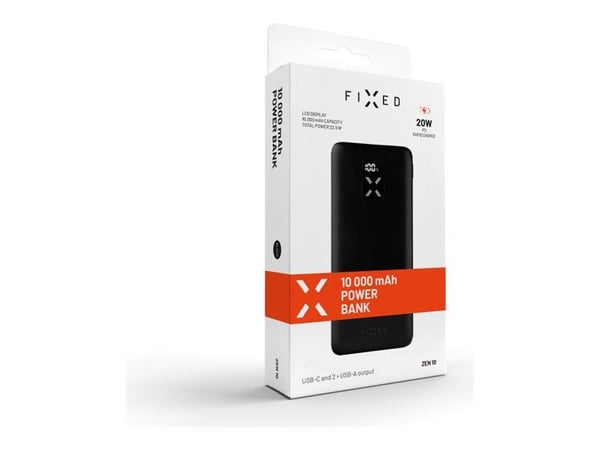 FIXED Zen - Strømbank - 10000 mAh - 20 watt - 5 A - PD - 3 utgangskontakter (2 x USB, USB-C) - svart