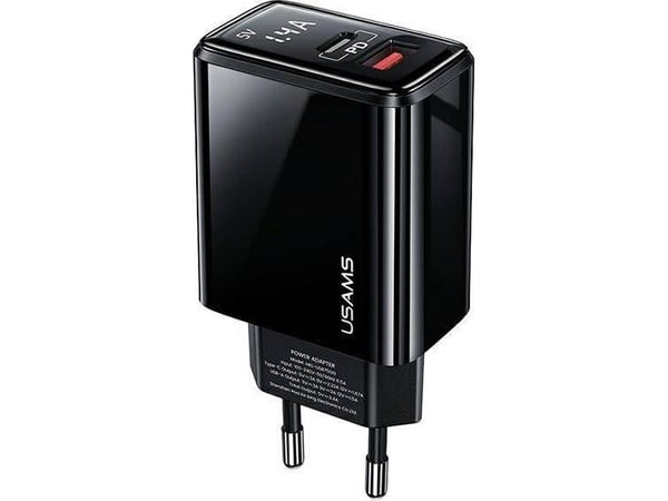 USAMS nettlader 1xUSB-C + 1xUSB T40 20W LED (kun hode) PD3.0 + QC3.0 hurtiglading svart CC133TC01 (US-CC133)