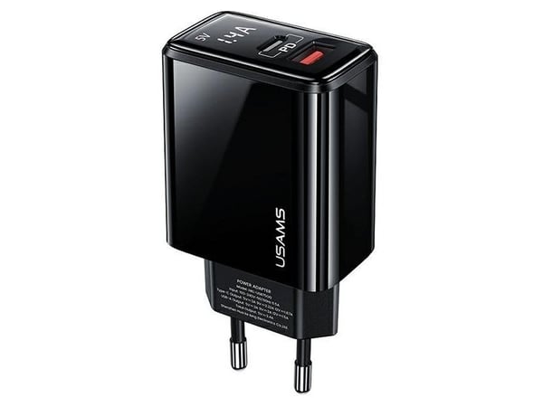 USAMS kablet lader 1xUSB-C + 1xUSB T40 20W LED (kun hode) PD3.0 + QC3.0 hurtiglading svart CC133T