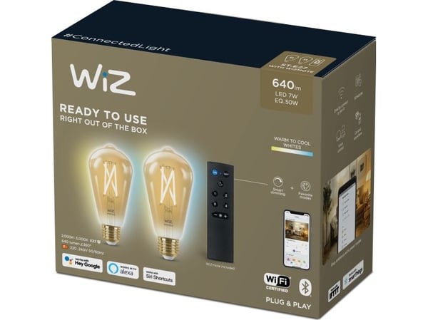 WiZ Edison Filament 2-pak + fjernkontroll – Smart LED – Warm to Cool hvitt – E27 – 50 W – Gull – Wi-Fi