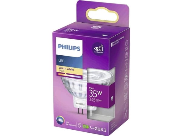 Philips - LED-pære for søkelys - form: MR16 - GU5.3 - 4.4 W (ekvivalent 35 W) - klasse F - varmt hvitt lys - 2700 K