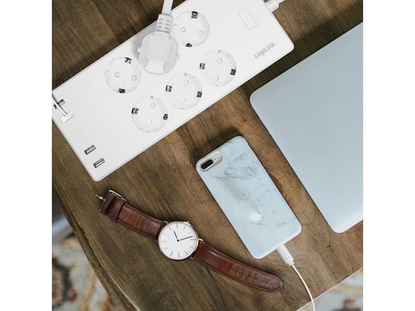 LogiLink Wi-Fi-älykäs pistorasia 6-tie (CEE7/3) 4x USB Tuya yhteensopiva SH0105