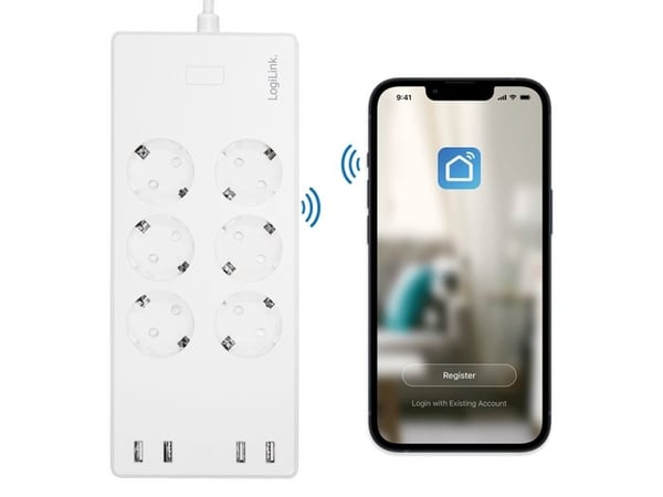 LogiLink Wi-Fi-älykäs pistorasia 6-tie (CEE7/3) 4x USB Tuya yhteensopiva SH0105