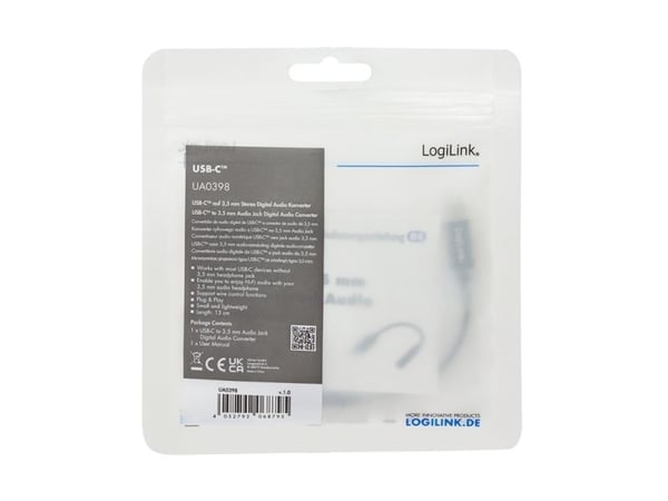 LogiLink USB Type-C-kaapeli 3,5 mm:n ääniliitäntäsovittimeen, 13 cm, 3,5 mm TRRS, uros, USB Type-C, uros, 0,13 m, musta