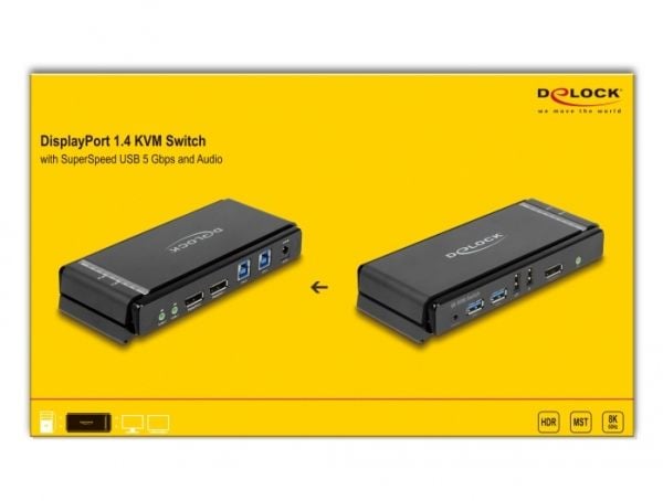 Delock - KVM / lyd / USB-svitsj - DisplayPort 1.4 KVM Switch 8K 60 Hz with USB 5 Gbps and Audio - 2 x KVM/lyd/USB - 1 lokalbruker - stasjonær