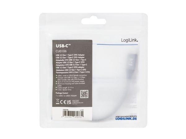 LogiLink CU0106, 0,15 m, USB C, USB A, USB 3.2 Gen 1 (3.1 Gen 1), Grå