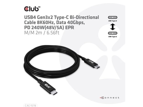 Club-3D-kaapeli USB-C->USB-C 2m USB-C->USB-C Gen3x2/8K60Hz 40Gbps PD