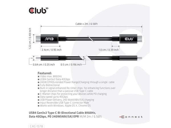 Club-3D-kaapeli USB-C->USB-C 2m USB-C->USB-C Gen3x2/8K60Hz 40Gbps PD