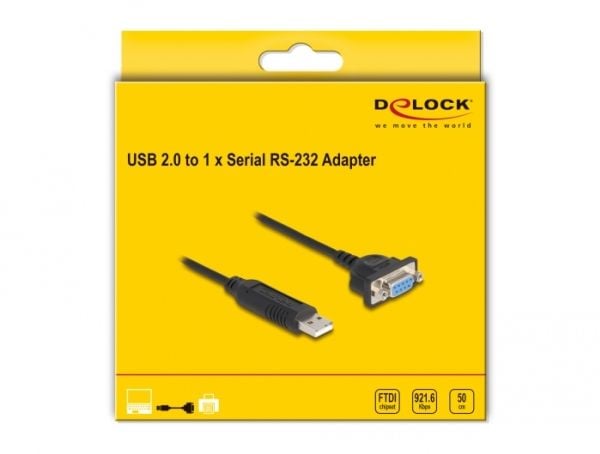 Delock USB 2.0 - RS-232-sarjaliitäntäsovitin, jossa on kompakti sarjaliitäntäkotelo 50 cm FTDI:lle