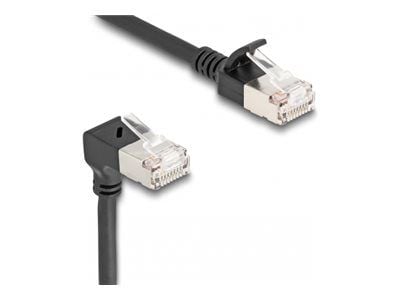 Delock RJ45 verkkokaapeli Cat.6A S/FTP Slim 90° alaspäin taivutettu / suora 3 m musta