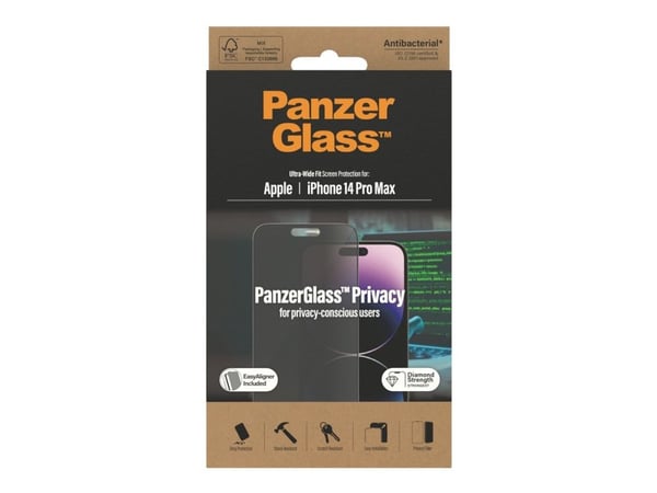 PanzerGlass P2786, Apple, Apple - iPhone 14 Pro Max, Asennus kuivana, Naarmuuntumisenkestävä, Iskunkestävä, Antibakteerinen, Läpinäkyvä, 1 kpl