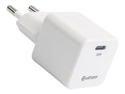 eSTUFF INFINITE - Strømadapter - GaN, 100 % resirkulert plast - 30 watt - 3 A - PD 3.0, Apple Fast Charge, QC 3.0 (24 pin USB-C) - hvit