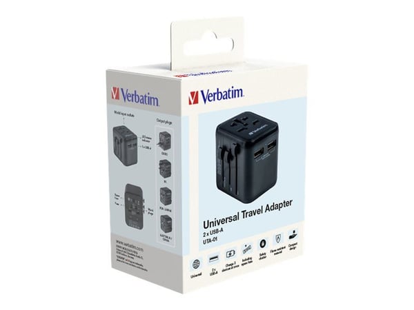 Verbatim Universal Travel Adaptor UTA-01, jossa on 2xUSB-A vähittäismyyntipakkaus