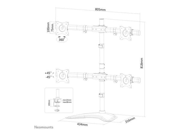 Neomounts NM-D335D4 - Stativ - full bevegelse - for 4 LCD-skjermer - svart - skjermstørrelse: 10"-27" - skrivebordsstativ, klemmemonterbar, malje, ...