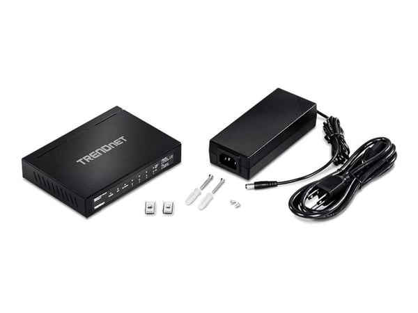 TRENDnet TPE TG611 - Switch - 4 x 10/100/1000 (PoE+) + 1 x 10/100/1000 (opplink) + 1 x Gigabit SFP - stasjonær - PoE+ (65 W) - TAA-samsvar