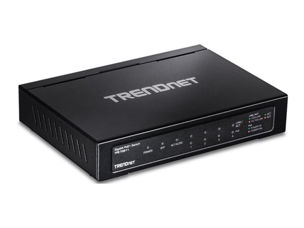 TRENDnet TPE TG611 - Switch - 4 x 10/100/1000 (PoE+) + 1 x 10/100/1000 (opplink) + 1 x Gigabit SFP - stasjonær - PoE+ (65 W) - TAA-samsvar