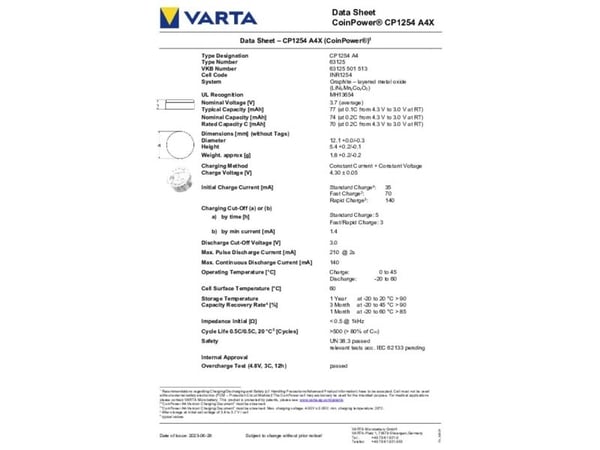 Varta knappcelle-akkumulator CP1254 A4 Li-Ion 74 mAh 3,7 V – 1 stk (88315101501)