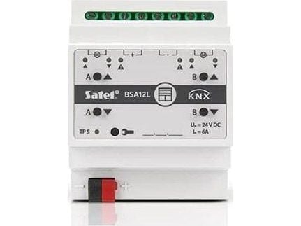 Satel KNX-BSA12L, Kaihtimen/ikkunaluukun käyttölaite, DIN-kiskokiinnitys, 8 kanavaa, IP20, Valkoinen, 0 - 45 °C