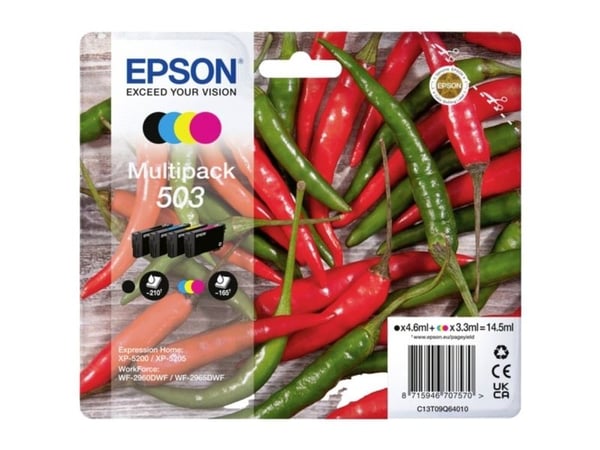 Epson 503, Perusvärintuotto, 4,6 ml, 3,3 ml, 210 sivua, 4 kpl, Monipakkaus