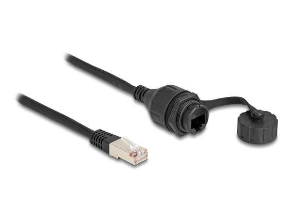 Delock - Nettverksforlengelseskabel - RJ-50 (hann) til RJ-50 (hunn) vernehette - 20 cm - 6 mm - FTP - IP67 - svart