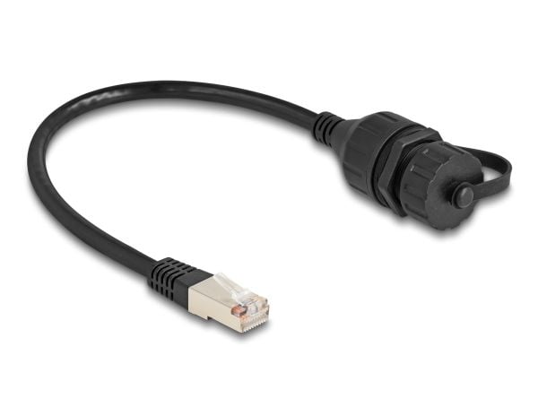 Delock - Nettverksforlengelseskabel - RJ-50 (hann) til RJ-50 (hunn) vernehette - 20 cm - 6 mm - FTP - IP67 - svart