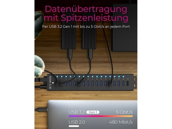 ICY BOX IB-HUB1717-U3 17-port USB-hub USB 3.2 Gen 1 Type-A til USB Typ-B 5000 Mbit/s svart