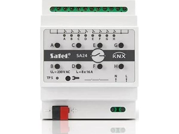 Satel KNX-SA24, Vekslingsaktuator, Montert med DIN-skinner, 8 kanaler, IP20, Hvit, AC