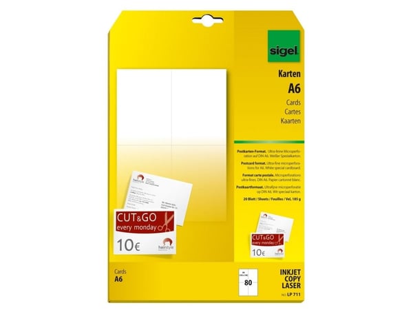 Sigel LP711 - Hvit - A6 (105 x 148 mm) - 185 g/m² - 80 kort (20 ark x 4) postkortpapir