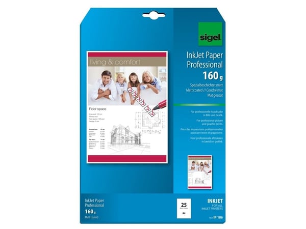 Sigel IP186, Inkjet-utskrift, A4 (210x297 mm), Matte, 25 ark, 160 g/m², Hvit