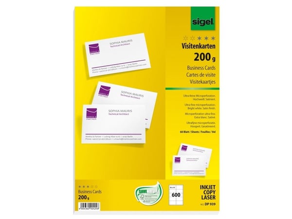 Sigel Business Card DP939 - Sterkt hvitt - 85 x 55 mm - 200 g/m² - 600 kort (60 ark x 10 visittkort