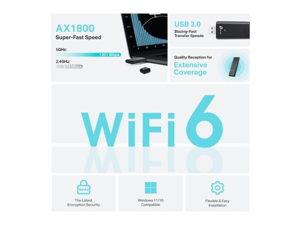 TP-Link Archer TX20U, Koblet med ledninger (ikke trådløs), USB, WLAN, Wi-Fi 6 (802.11ax), 1201 Mbit/s, Svart