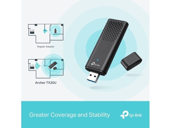 TP-Link Archer TX20U, Koblet med ledninger (ikke trådløs), USB, WLAN, Wi-Fi 6 (802.11ax), 1201 Mbit/s, Svart