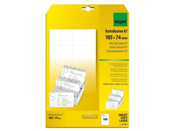 Sigel - Hvit - A7 (74 x 105 mm) - 185 g/m² - 160 kort (20 ark x 8) indekskort