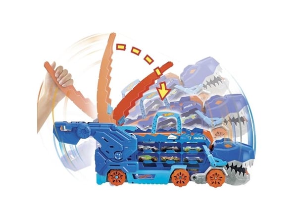 Hot Wheels City Ultimate Hauler, forvandles til T-Rex med racerbane, har plass til 20+ biler, Kjøretøy og banesett, 4 år, AAA, Plast, Flerfarget