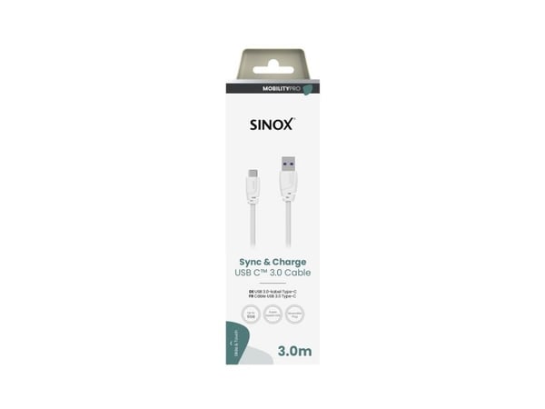 Sinox PRO USB C - USB A -kaapeli. 3m. Valkoinen