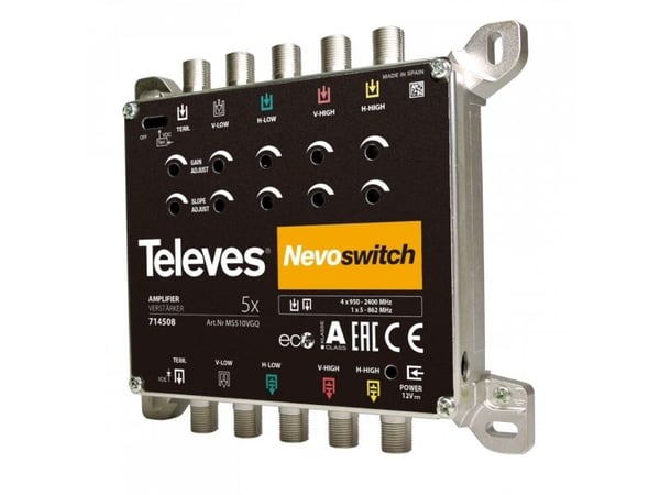 Televes 714508, 5 innganger, 5 utganger, 950 - 2400 MHz, 47 - 862 MHz, 0 - 15 dB, IP20 Televes 714508, 5 innganger, 5 utganger, 950 - 2400 MHz, 47 - 862 MHz, 0 - 15 dB, IP20