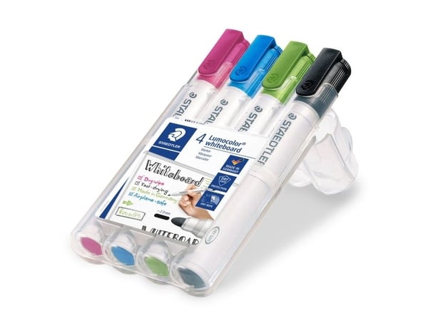 Staedtler Lumocolor 351, 4 styck, Svart, Ljusblå, Ljusgrön, Rosa, Rundad spets, Vit, Polypropylen (PP), Rund