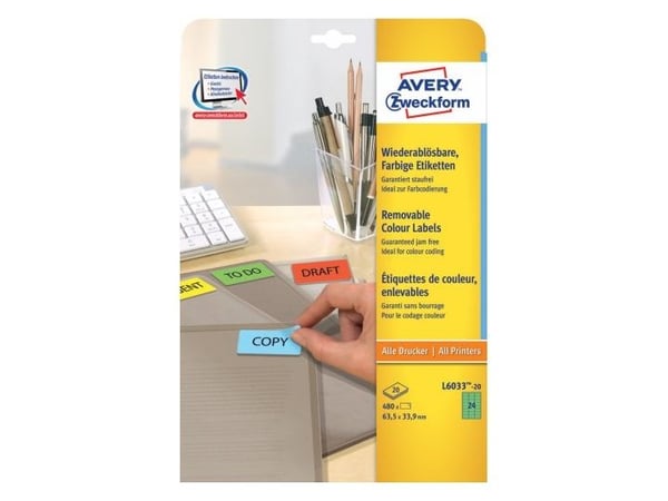 Avery L6033 - Fjernbart adhesiv - grønn - 63.5 x 33.9 mm 480 etikett(er) (20 ark x 24) merkelapper