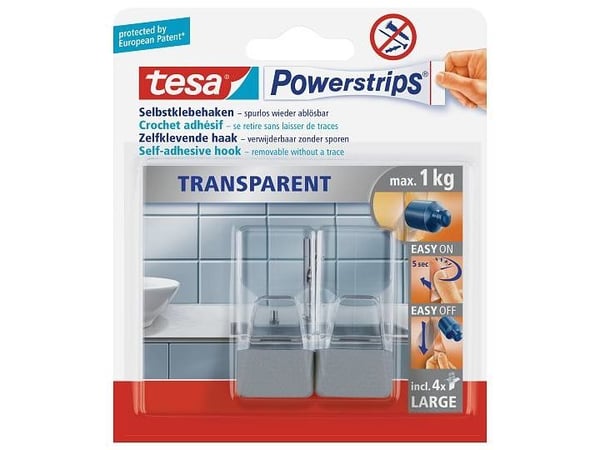 TESA 58812, Sisätila, Pyyhekoukku, Läpinäkyvä, Liimateippi, 1 kg, Suorakulmio
