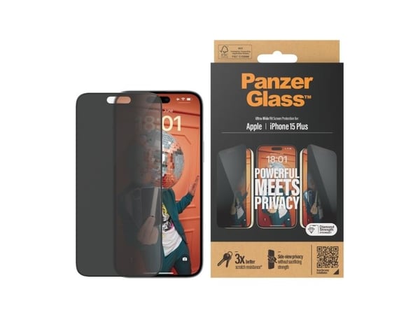 PanzerGlass Privacy Screen Protector iPhone 2023 6.7 Ultra-Wide Fit, Apple, Apple - iPhone 15 Plus, Asennus kuivana, Iskunkestävä, Läpinäkyvä, 1 kpl